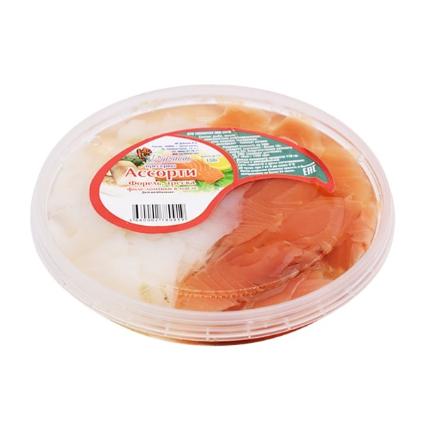 Форель и треска Ассорти филе-ломтики в масле 150г