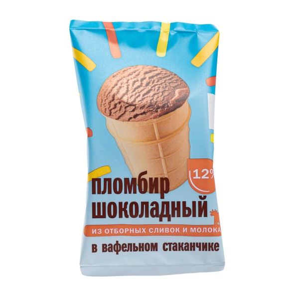 Мороженое в вафельном стаканчике Пломбир шоколадный 12% РМЗ 80гр БЗМЖ