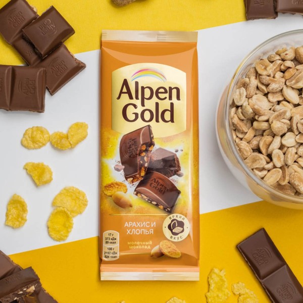 Шоколад Alpen Gold молочный с арахисом и кукурузными хлопьями 80г