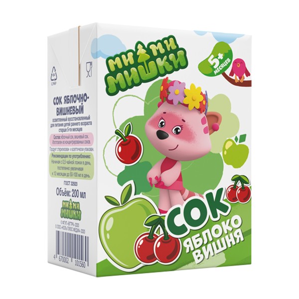 Сок детский Ми Ми Мишки 0,2л яблоко-вишня