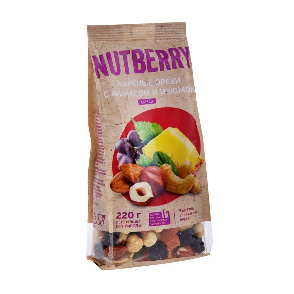 Смесь фруктово-ореховая Nutberry Орехи жареные с ананасом и изюмом 220г