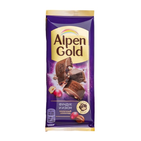 Шоколад Alpen Gold молочный с фундуком и изюмом 80г