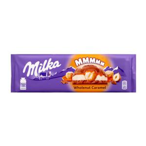 Шоколад молочный с молочной и карамельной  начинкой и обжаренным цельным фундуком Milka 300гр wholenut caramel