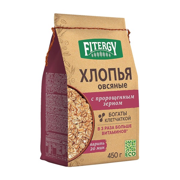 Хлопья овсяные Fitergy цельнозерновые с пророщенным зерном 450г