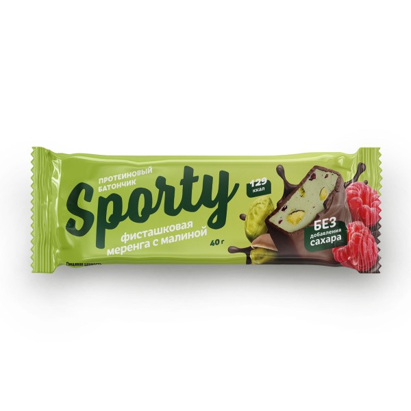 Батончик протеиновый глазированный Sporty 40г фисташковая меренга с малиной