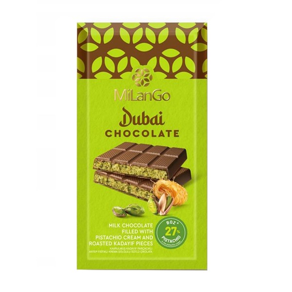 Шоколад молочный с кусочками кадаифа и начинкой из фисташкового крема Milango 122г