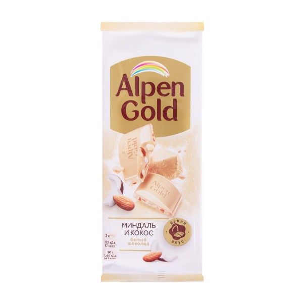 Шоколад Alpen Gold белый с миндалем и кокосовой стружкой 80г