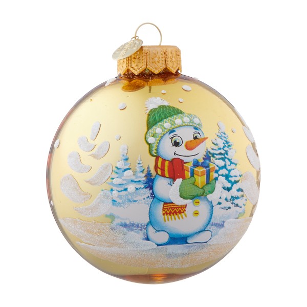Шар новогодний Снеговик с подарком 80мм Коломеев