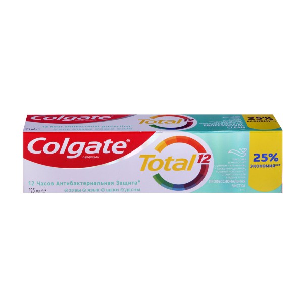 Зубная паста Colgate Total 12 Профессиональная Чистка (гель) с специальным ингредиентом для гладких и блестящих зубов, а также с цинком и аргинином для антибактериальной защиты всей полости рта в течение 12 часов 125 мл