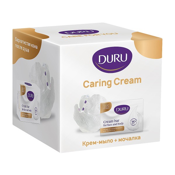 Набор подарочный Duru: крем-мыло Caring Cream Bar 90г + мочалка