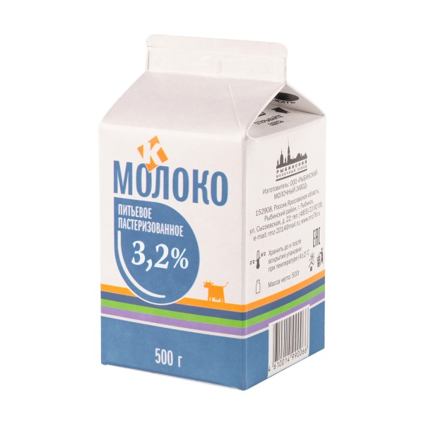 Молоко пастеризованное 3,2% Рыбинский молочный завод 500г БЗМЖ
