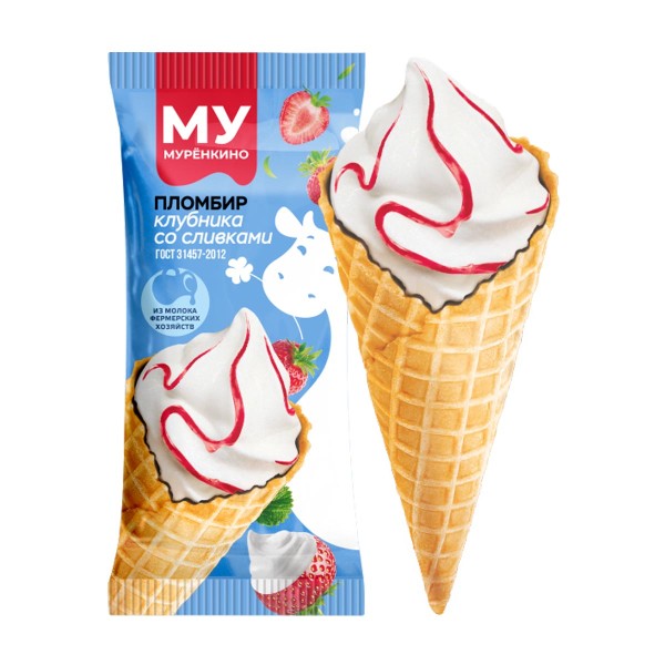 Мороженое рожок Пломбир клубника со сливками Муренкино 90г БЗМЖ