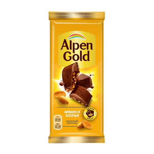 Шоколад Alpen Gold молочный с арахисом и кукурузными хлопьями 80г