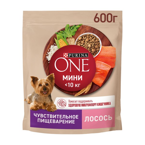 Корм для собак с чувствительным пищеварением Purina One Мини 600г с лососем и рисом
