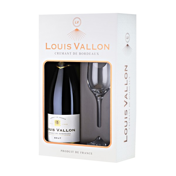 Вино игристое белое брют Louis Vallon Cremant de Bordeaux 12% 0,75л +бокал