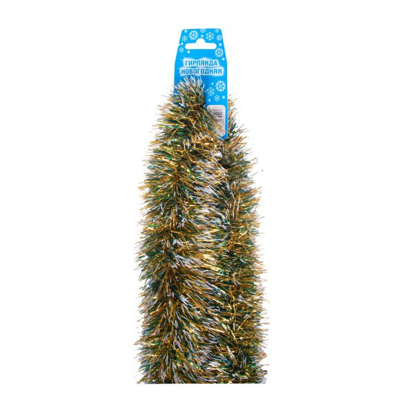 Мишура зеленая с белыми кончиками и золотом 7х200см