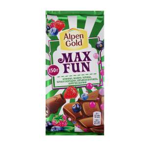Шоколад молочный Alpen Gold Max Fun с кусочками клубники, малины, черники,черной смородины, взрывная карамель, шипучие шарики 150гр