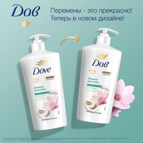 Крем-гель для душа для всей семьи Dovе 610мл фисташковый крем и магнолия