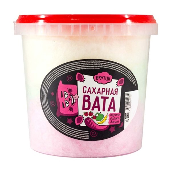 Сахарная вата Ватик Кондипрод 50г малина, яблоко, банан