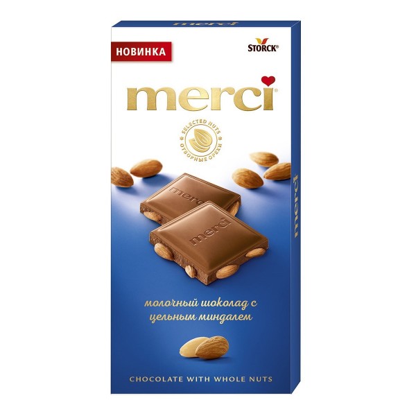 Шоколад молочный с цельным миндалем Merci Storck 100гр