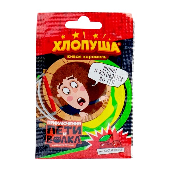 Карамель Хлопуша Петя и волк со вкусом кислая вишня и банан 7г Эврика