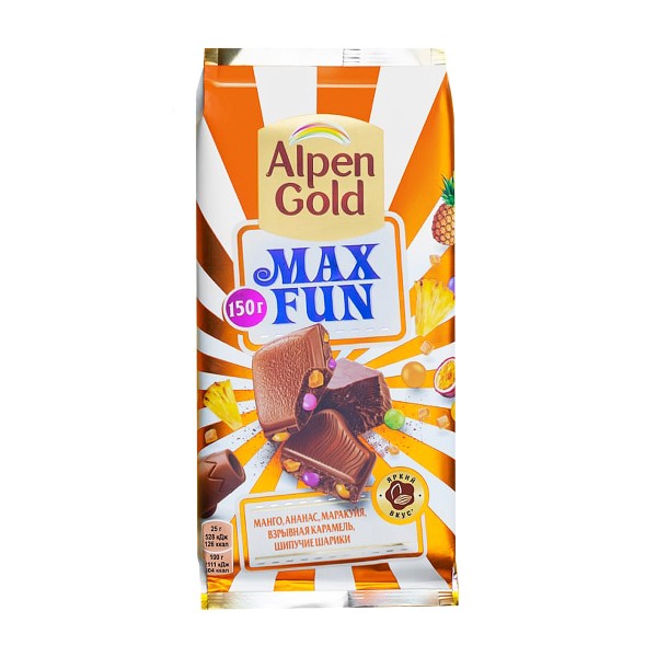 Шоколад Alpen Gold Max Fun с кусочками манго,ананаса,маракуйи с рисовыми шариками и взрывной карамелью 140г