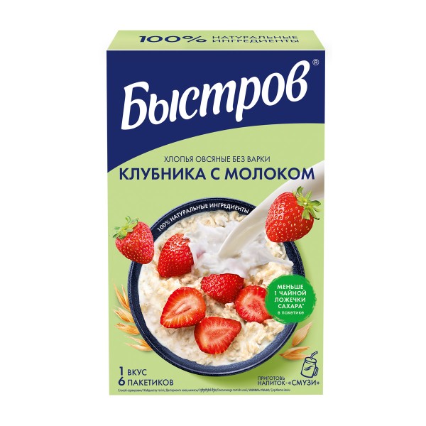 Хлопья быстрого приготовления Быстров овсяные с клубникой и молоком 240г