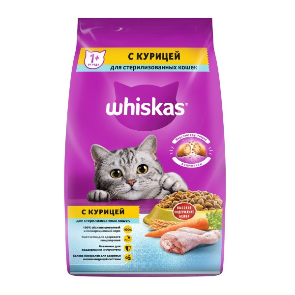 Корм для кошек сухой с нежным паштетом Whiskas 1,9кг с курицей для стерилизованных кошек