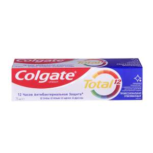 Зубная паста Colgate Total 12 Профессиональная Отбеливающая с цинком и аргинином для борьбы с потемнениями эмали и с антибактериальной защитой всей полости рта в течение 12 часов 75 мл