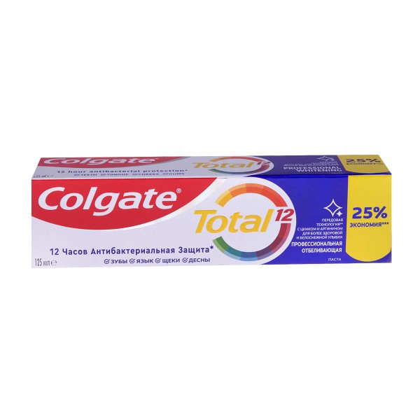 Зубная паста Colgate Total 12 Профессиональная Отбеливающая с цинком и аргинином для борьбы с потемнениями эмали и с антибактериальной защиты всей полости рта в течение 12 часов 125 мл