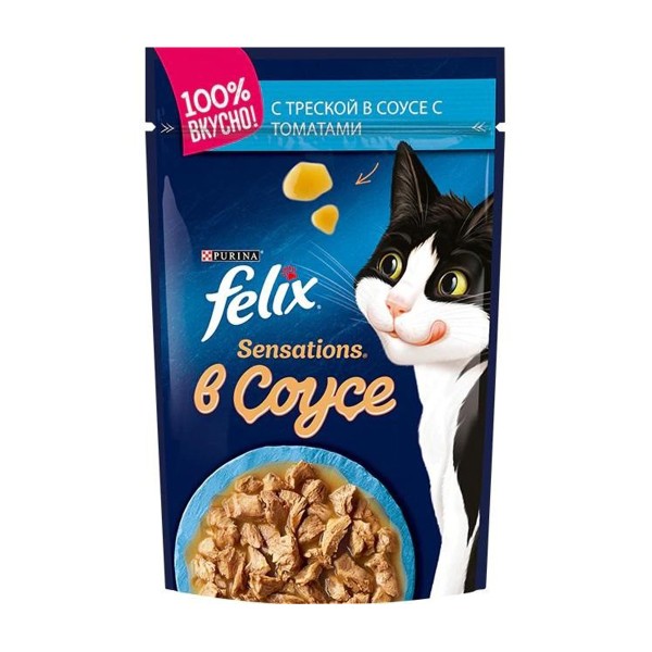 Корм для кошек Felix Sensations 75г фольга треска с томатами в соусе