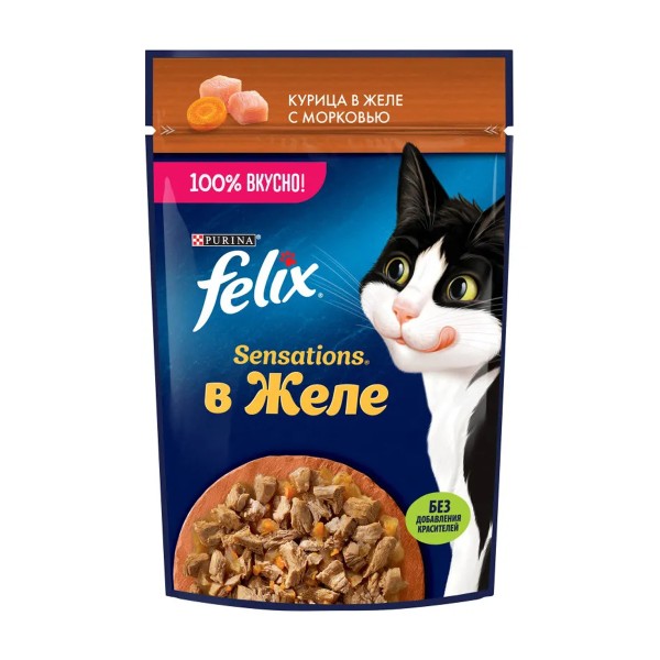 Корм для кошек Felix Sensations 75г фольга с курицей и морковью в желе