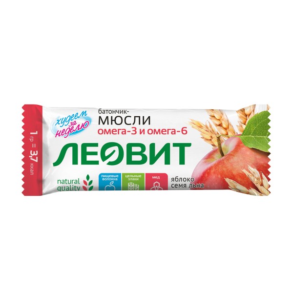 Батончик-мюсли Худеем за неделю Леовит 30г с яблоком и семенем льна
