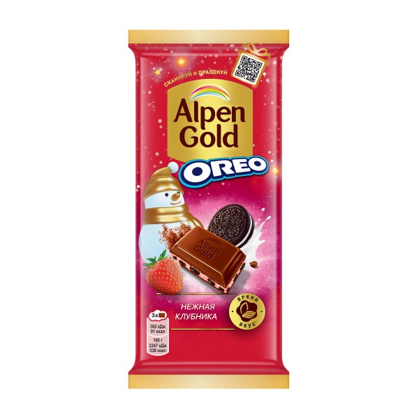 Шоколад Alpen Gold Нежная клубника с клубничной начинкой и кусочками печенья Орео 85г