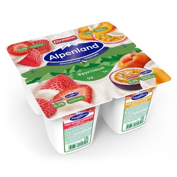 Продукт йогуртный Alpenland 0,3% 95г клубника-персик-маракуйя БЗМЖ