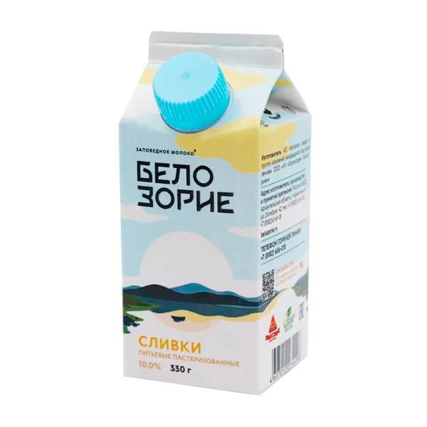 Сливки пастеризованные 10%  Белозорие 330г БЗМЖ