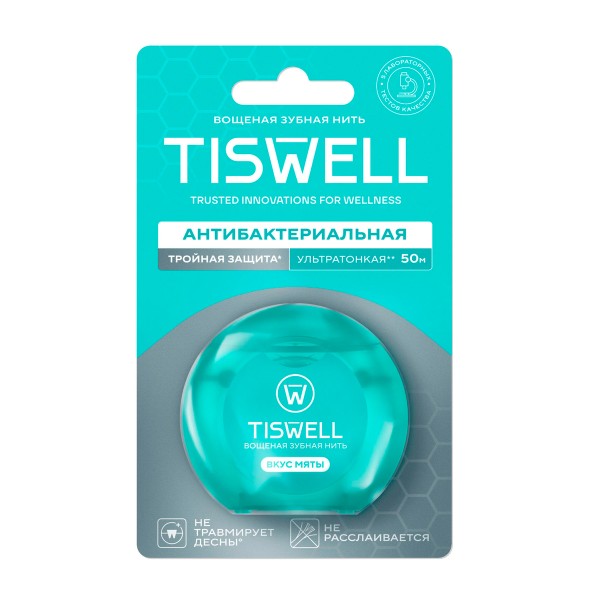 Зубная нить Tiswell вощеная с мятным вкусом 50м