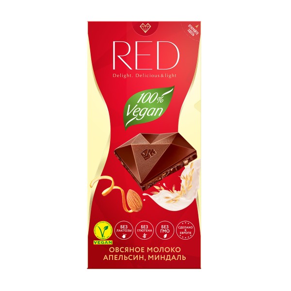 Шоколад Red Delight веганский с овсяным молоком миндалем и апельсином 85г