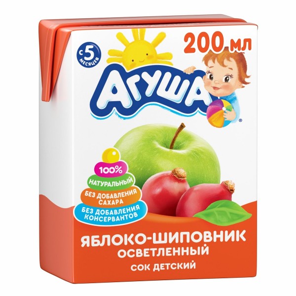 Сок детский осветленный Агуша 200мл яблоко шиповник