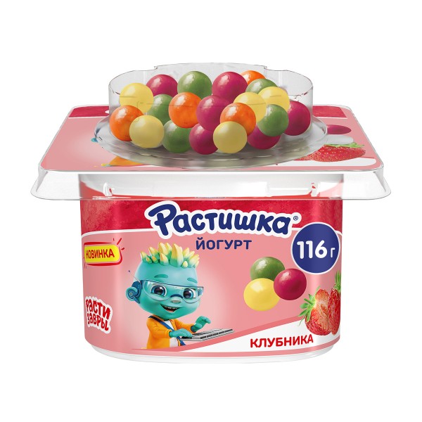 Йогурт Растишка с клубникой и злаковыми драже вкус банан-апельсин 116г БЗМЖ