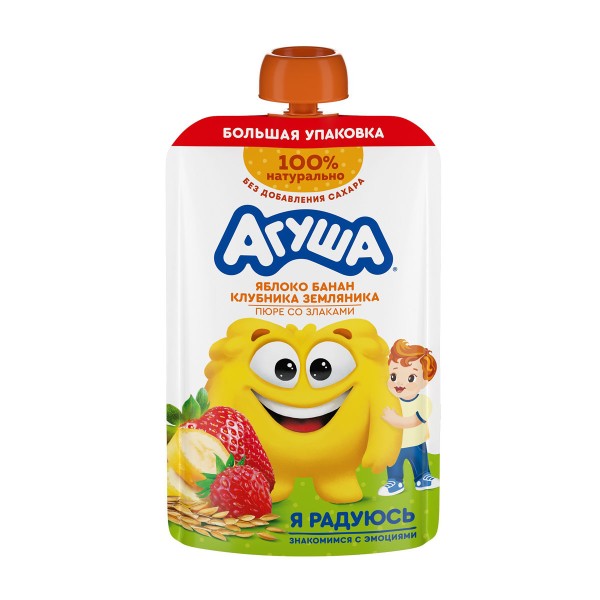 Пюре детское Агуша 160г яблоко, банан, клубника и земляника со злаками
