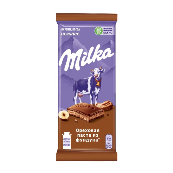 Шоколад Milka молочный ореховая паста из фундука и дробленый фундук 80г