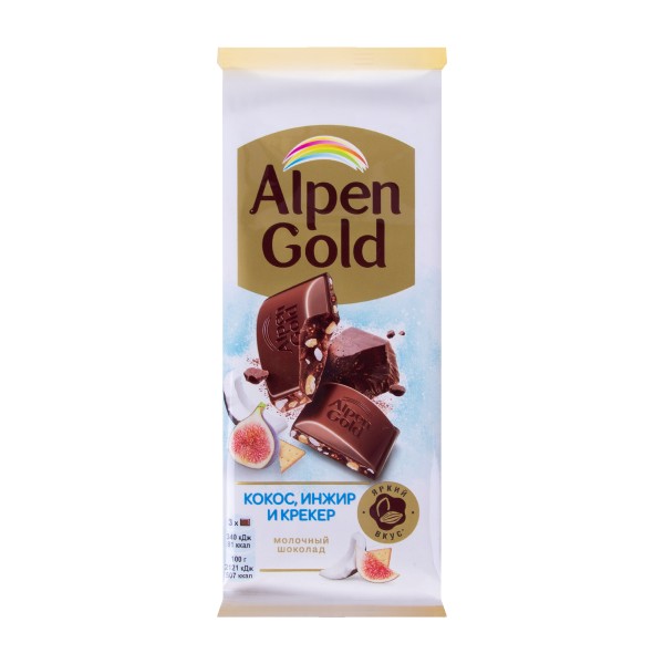 Шоколад Alpen Gold молочный с инжиром,кокосовой стружкой и соленым крекером 80г