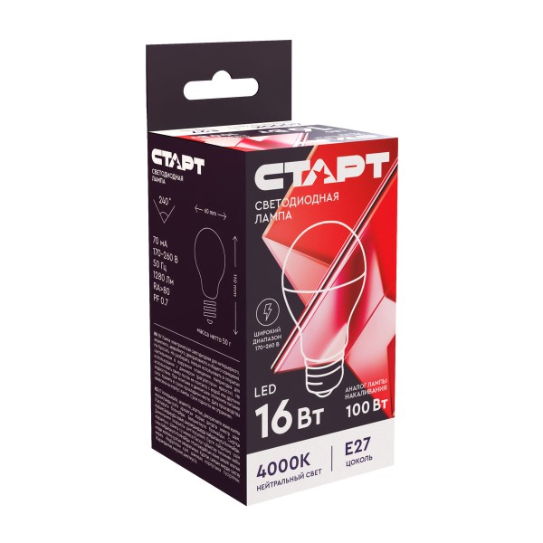 Лампа светодиодная Старт led glse27 16w 40 ic 10/100