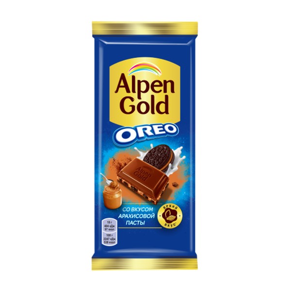 Шоколад Alpen Gold Oreo молочный с начинкой арахисовая паста и кусочки печенья 85г