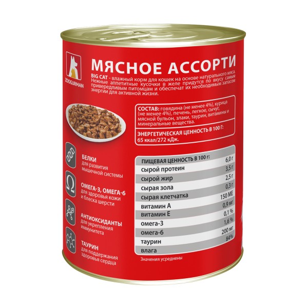 Корм для кошек Зоогурман Big Cat кусочки в желе Мясное ассорти 350г