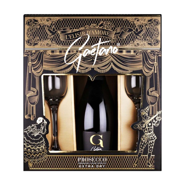 Вино игристое белое сухое Gaetano Prosecco DOC Extra Dry 11% 0,75л + 2 бокала (подарочная упаковка)