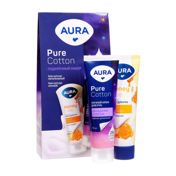Набор подарочный Aura Pure Cotton: Крем для рук Питательный с D-пантенолом и экстрактом мёда 75мл+Крем для рук Ночной 75мл