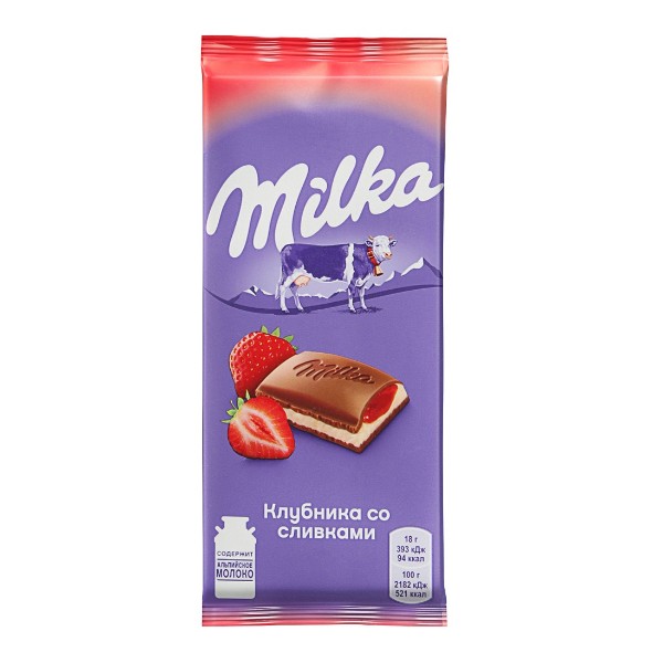Шоколад молочный Milka 85г клубника со сливками