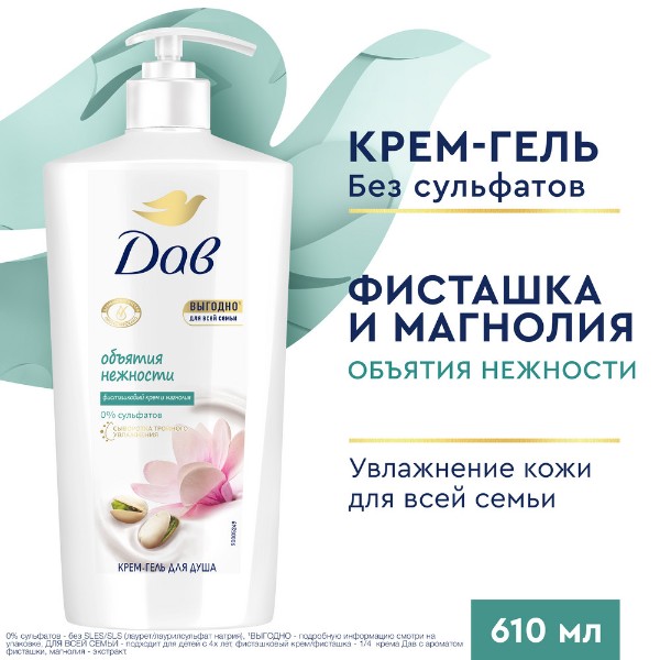 Крем-гель для душа для всей семьи Dovе 610мл фисташковый крем и магнолия